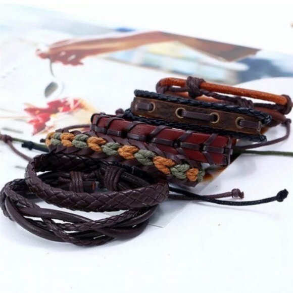 Men's Brown & Green Genuine Leather Bracelet Set - Picture 1 of 1